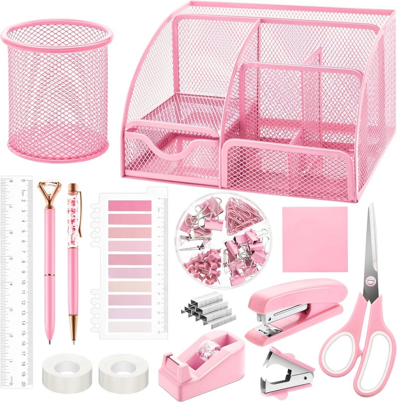 Fayoo 11 Pcs Pink Office Supplies Set Mesh Desk Organizer Accessories Kit include Stapler Tape Dispenser Staple Remover Clips Ruler Scissors Sticky Notes for Office School Home Women (Pink) - Image 1